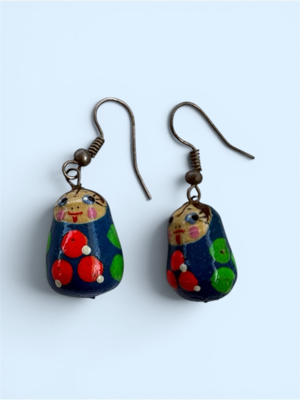 Hand-Painted Matryoshka Doll Drop Earrings - Blue & Red